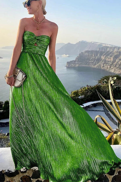 Theodora | Rochie Maxi Glam Strălucitoare cu Pliuri, Fără Bretele, cu Răsucire