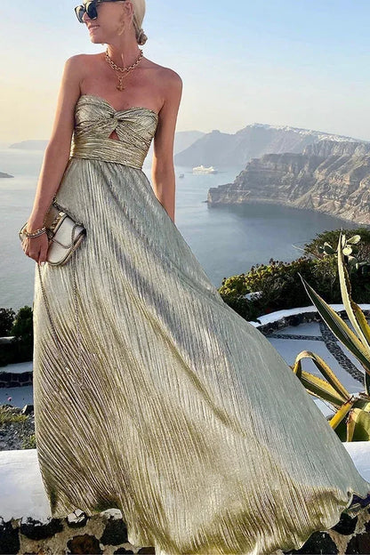 Theodora | Rochie Maxi Glam Strălucitoare cu Pliuri, Fără Bretele, cu Răsucire
