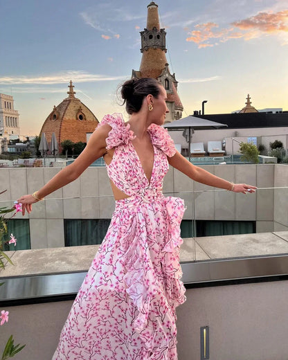 Citania | Rochie Maxi Florală de Vară Romantică, Fără Mâneci, Decolteu V
