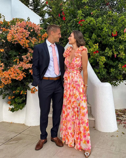 Citania | Rochie Maxi Florală de Vară Romantică, Fără Mâneci, Decolteu V