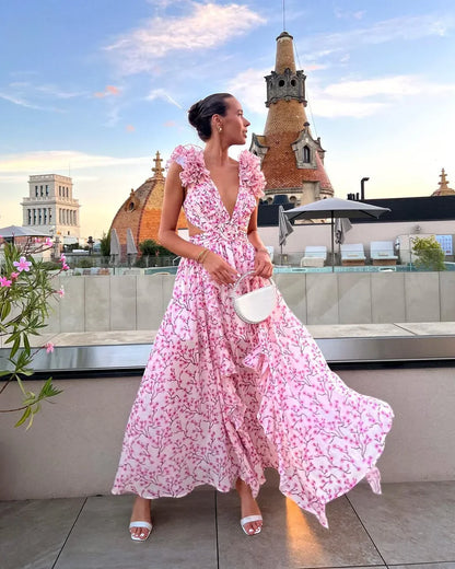 Citania | Rochie Maxi Florală de Vară Romantică, Fără Mâneci, Decolteu V