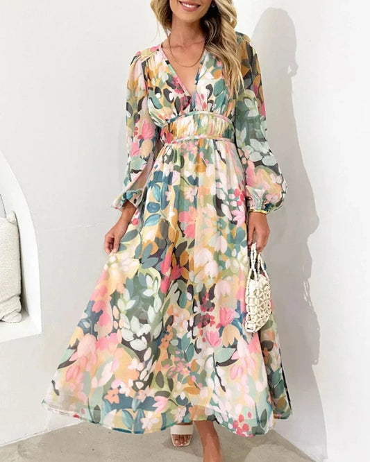 Brenta | Rochie Maxi Boho de Primăvară din Șifon Floral, Decolteu V, Mânecă Lungă