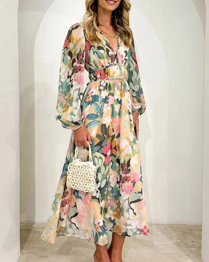 Brenta | Rochie Maxi Boho de Primăvară din Șifon Floral, Decolteu V, Mânecă Lungă