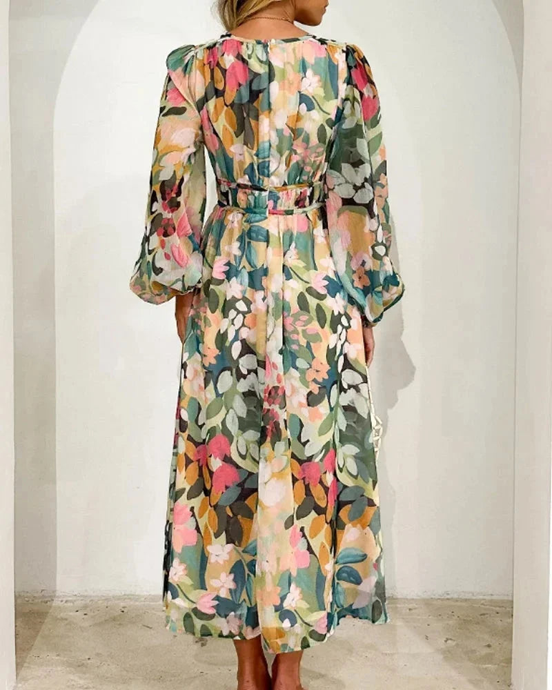 Brenta | Rochie Maxi Boho de Primăvară din Șifon Floral, Decolteu V, Mânecă Lungă