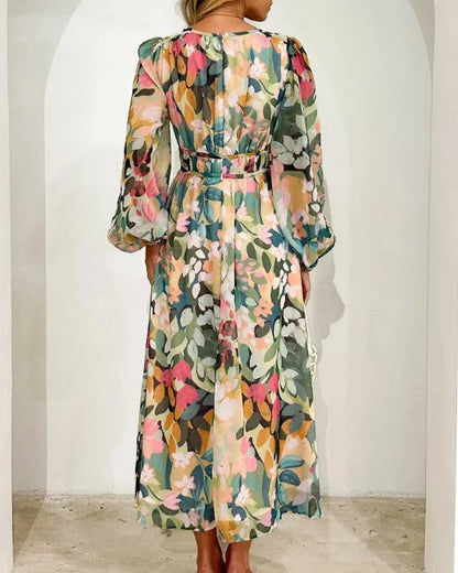 Brenta | Rochie Maxi Boho de Primăvară din Șifon Floral, Decolteu V, Mânecă Lungă