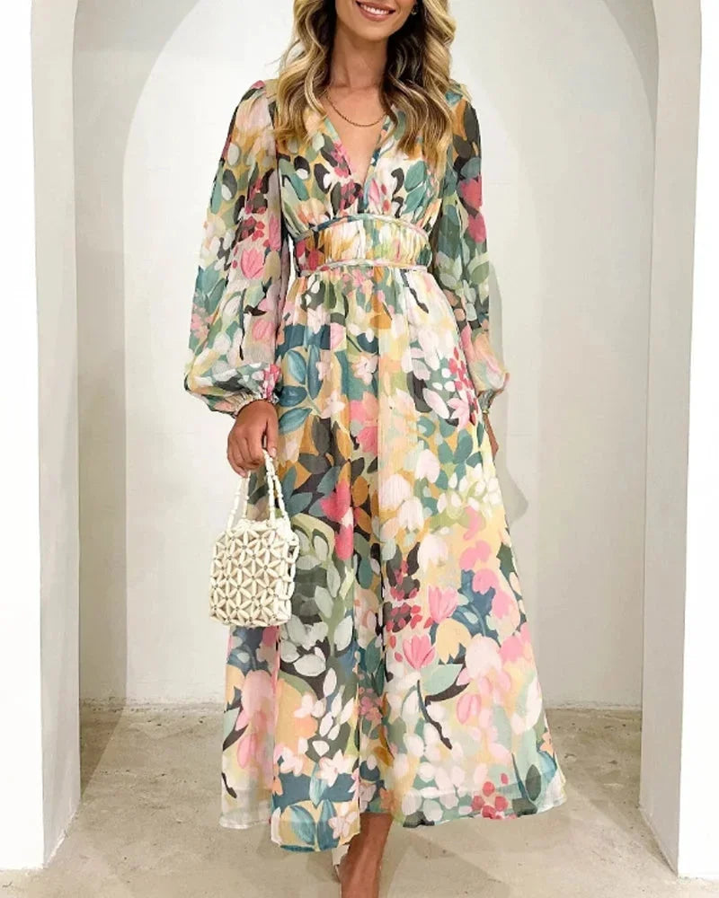 Brenta | Rochie Maxi Boho de Primăvară din Șifon Floral, Decolteu V, Mânecă Lungă
