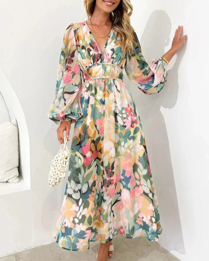 Brenta | Rochie Maxi Boho de Primăvară din Șifon Floral, Decolteu V, Mânecă Lungă