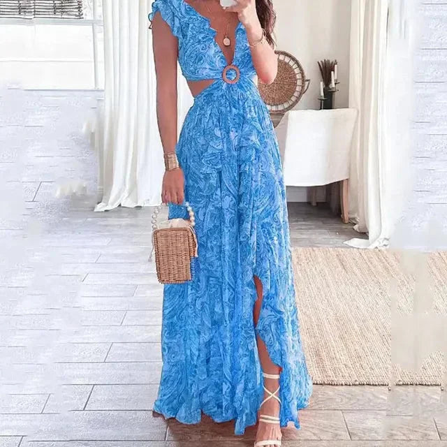 Ginevra | Rochie Maxi Florală de Vară cu Decolteu V, Decupaje, Mânecă Scurtă