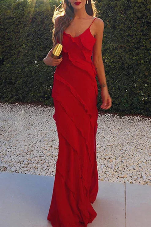 Rosalba | Rochie Maxi Boho de Vară din Șifon cu Volane, Decolteu V, Despicătură Înaltă