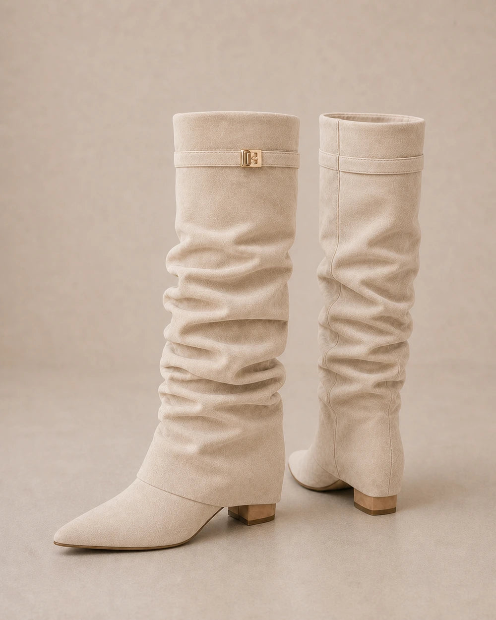 Women's beige suede-effect ruched knee-high boots, product-only pair.