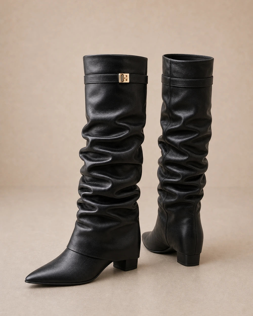 Women's black smooth leather-effect ruched knee-high boots, product-only pair.
