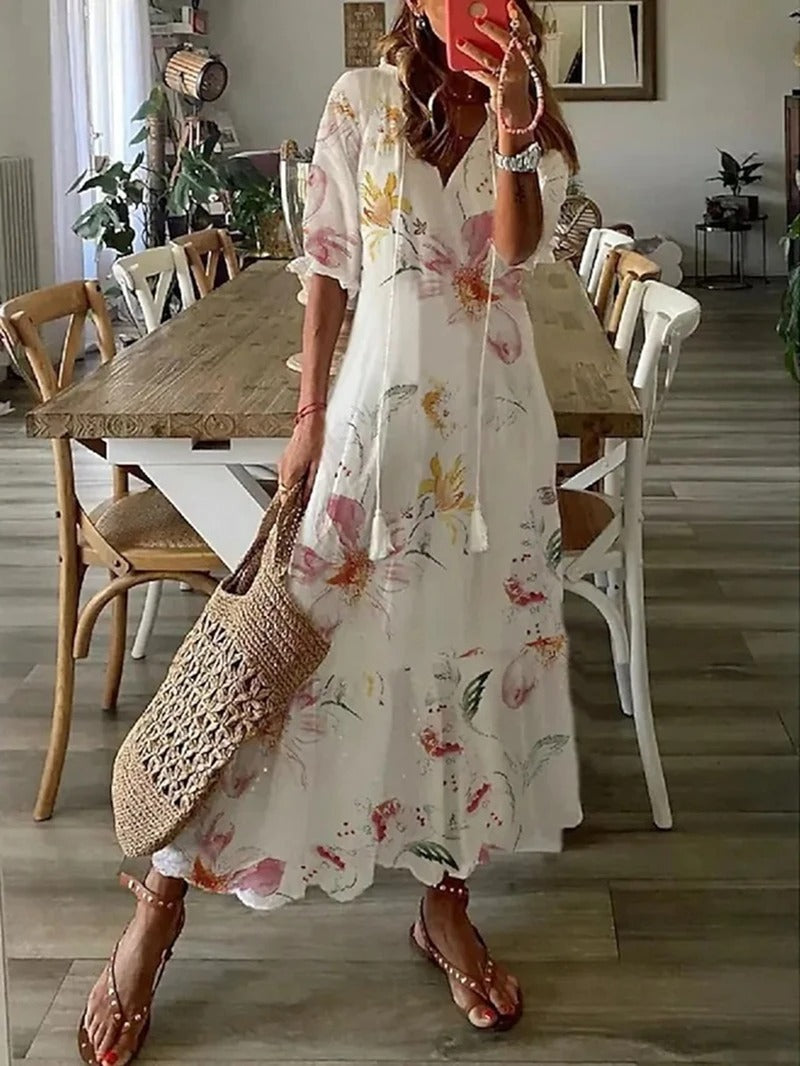Isadora | Rochie Maxi Boho de Vară cu Imprimeu Floral și Nasturi