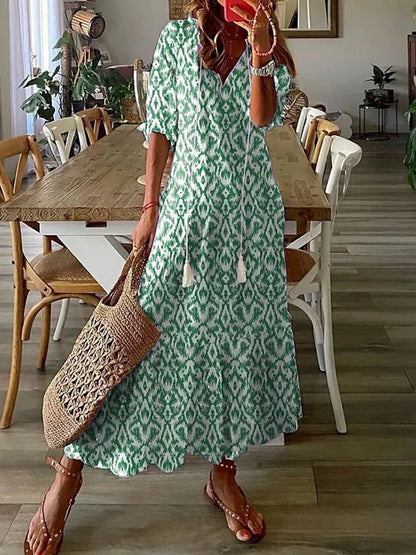 Isadora | Rochie Maxi Boho de Vară cu Imprimeu Floral și Nasturi