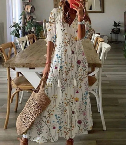 Isadora | Rochie Maxi Boho de Vară cu Imprimeu Floral și Nasturi