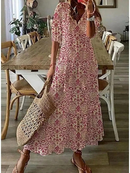 Isadora | Rochie Maxi Boho de Vară cu Imprimeu Floral și Nasturi