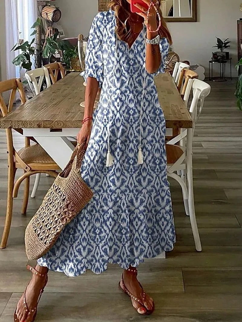Isadora | Rochie Maxi Boho de Vară cu Imprimeu Floral și Nasturi