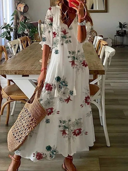Isadora | Rochie Maxi Boho de Vară cu Imprimeu Floral și Nasturi