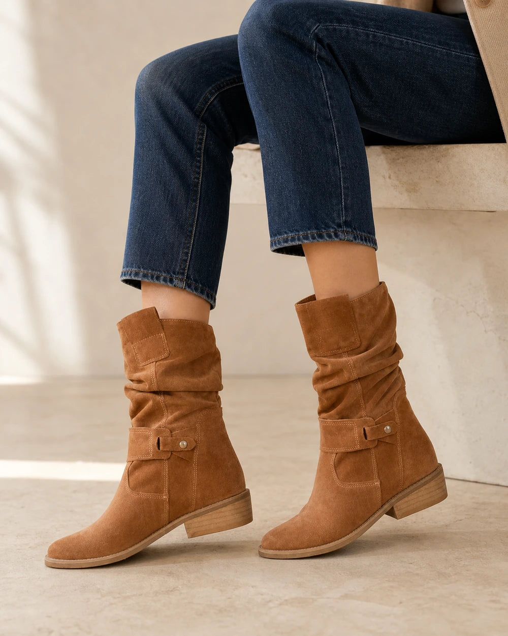 Botine de damă Emilia cu aspect de piele întoarsă și carâmb încrețit — image 7